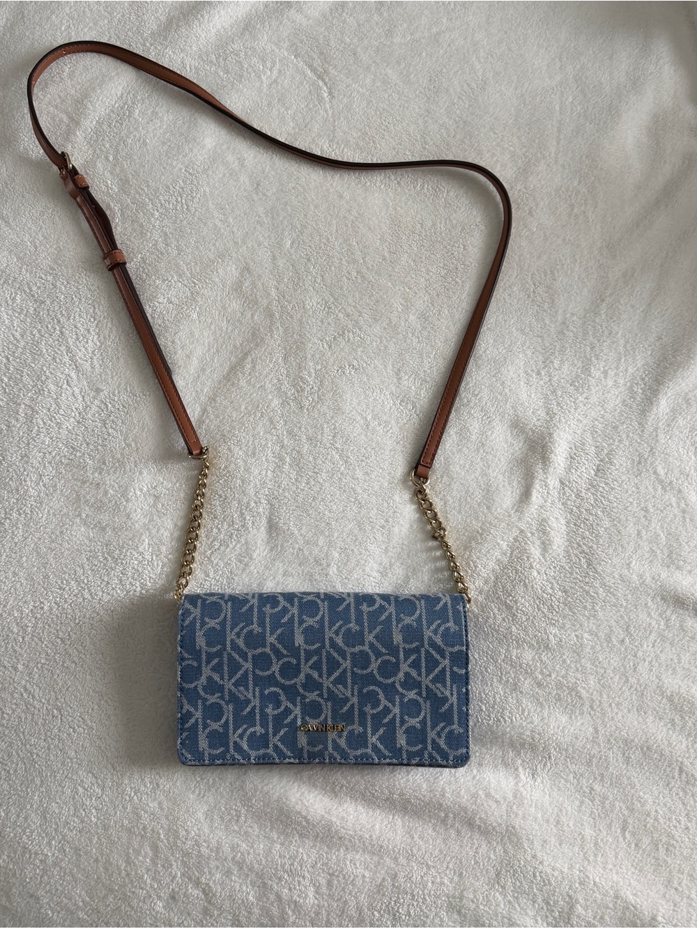Calvin Klein Denim Monogram Crossbody with Brown Leather Strap